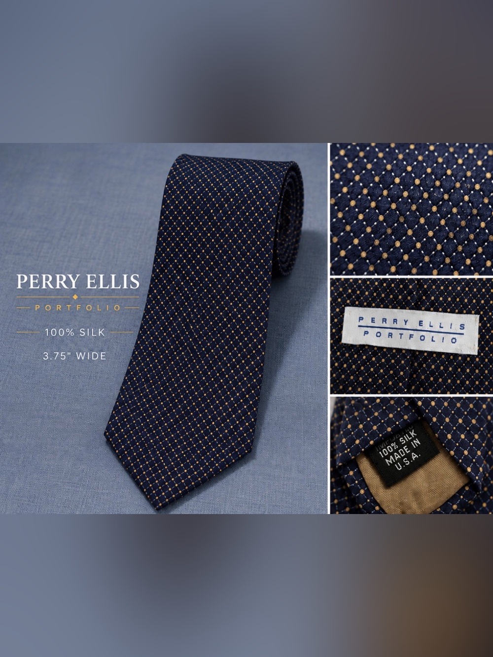 Perry Ellis Portfolio 100% Silk Tie.
Navy with Deep Gold Dots 3.75" Wide.